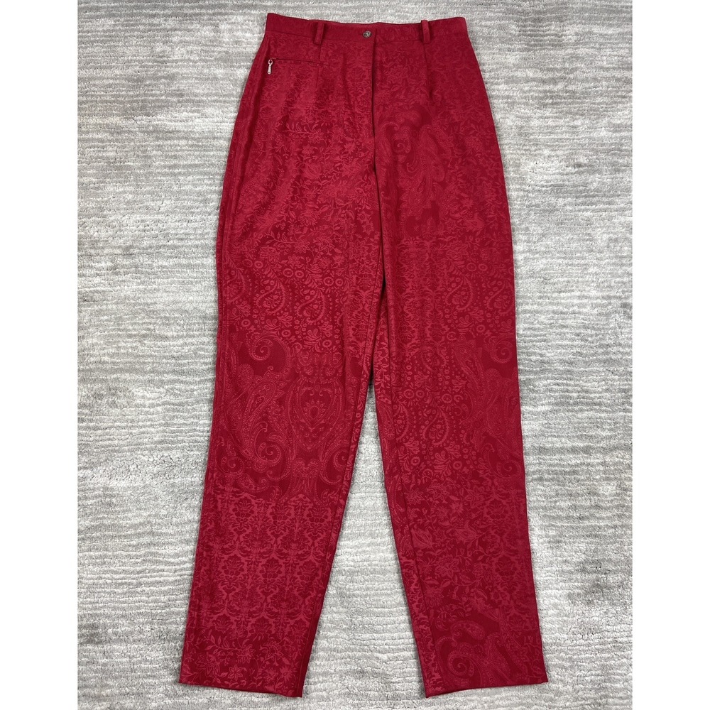 Monterey Bay Trousers Women 8 Red Paisley Floral Jacquard High Rise Straight Leg